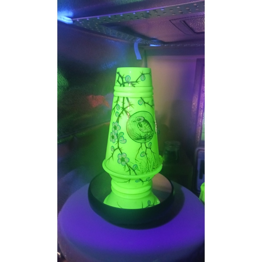 Mt Washington Smith Bros Opalware URANIUM Glass Paint Bird & Blossom Vase